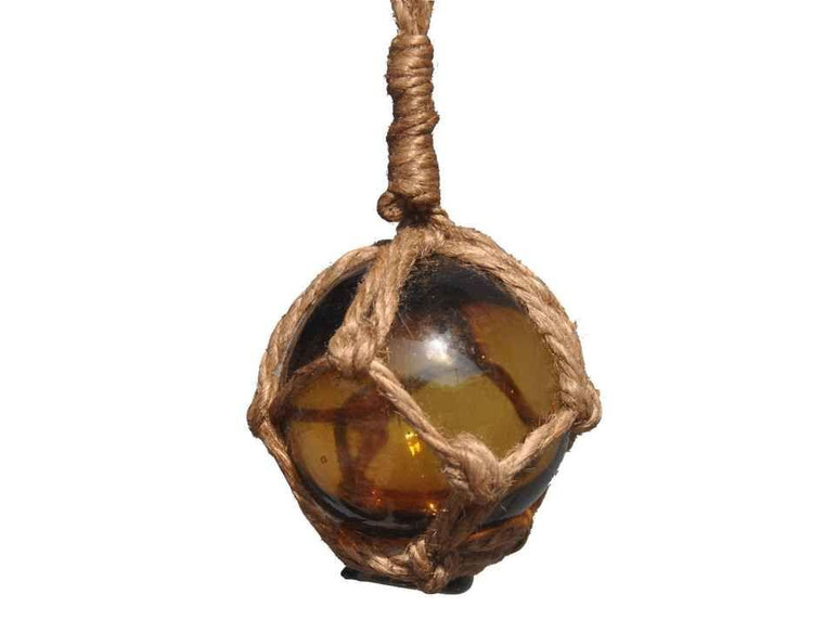 Amber Japanese Glass Ball Fishing Float With Brown Netting Decoration 2" 2 Amber Glass - Old