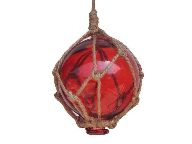 Red Japanese Glass Ball Fishing Float With Brown Netting Decoration 3" 3 Red Glass - Old