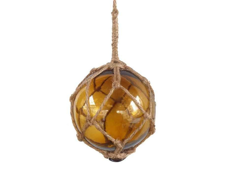 Amber Japanese Glass Ball Fishing Float With Brown Netting Decoration 4" 4 Amber Glass - Old