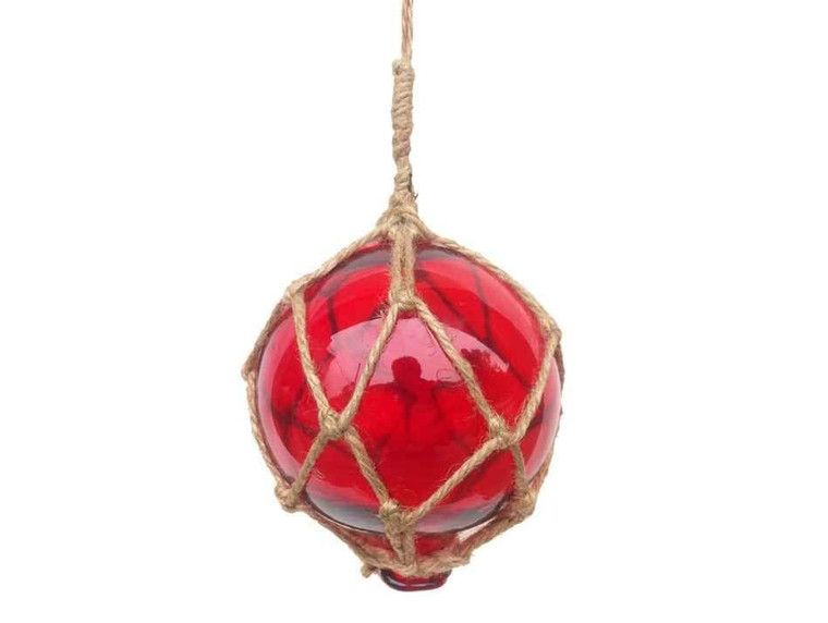 Red Japanese Glass Ball Fishing Float With Brown Netting Decoration 4" 4 Red Glass - Old