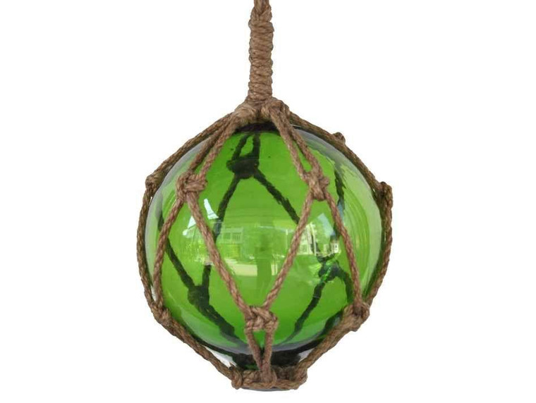 Green Japanese Glass Ball Fishing Float With Brown Netting Decoration 6" 6 Green Glass - Old