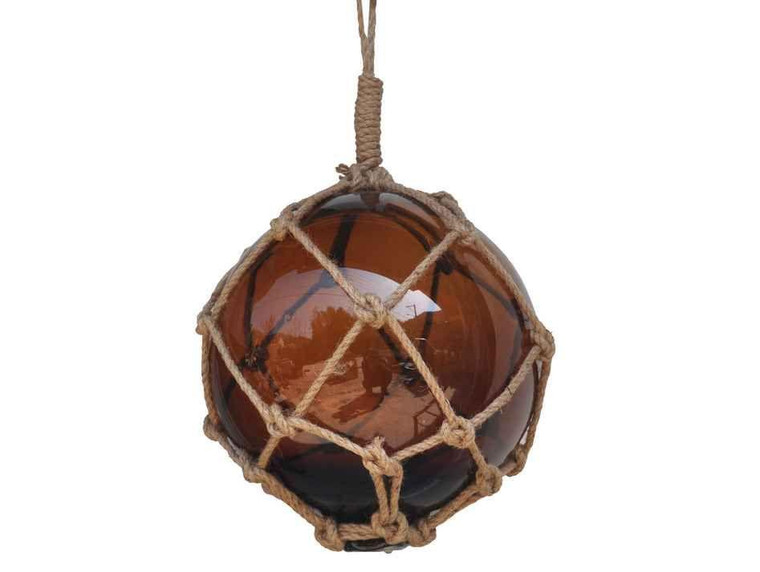 Amber Japanese Glass Ball Fishing Float With Brown Netting Decoration 12" 12 Amber Glass - Old