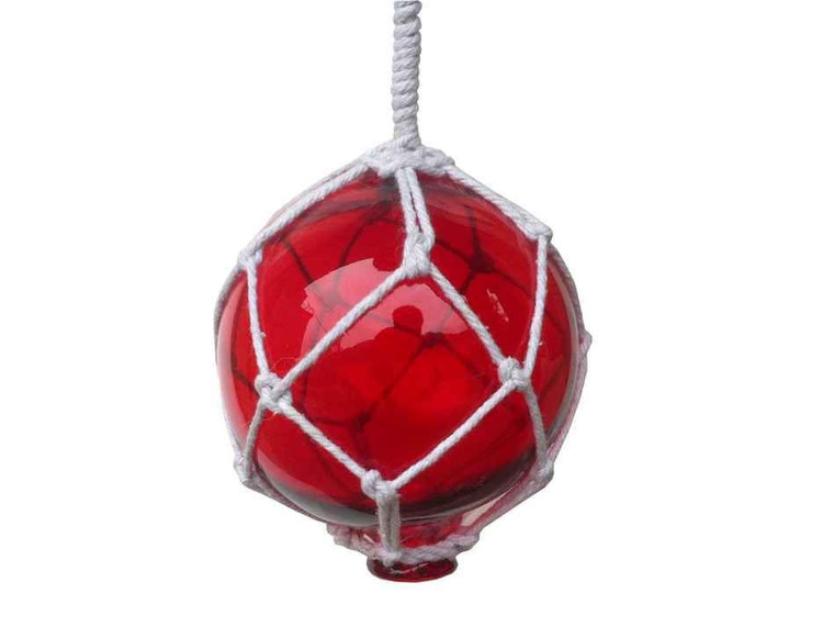 Red Japanese Glass Ball Fishing Float With White Netting Decoration 4" 4 Red Glass - NEW