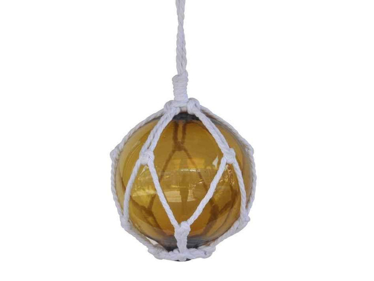 Amber Japanese Glass Ball Fishing Float With White Netting Decoration 6" 6 Amber Glass - NEW