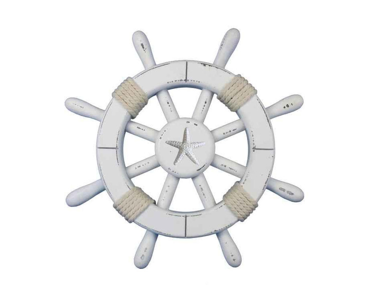 Rustic White Decorative Ship Wheel With Starfish 12" rustic-white-sw-12-starfish