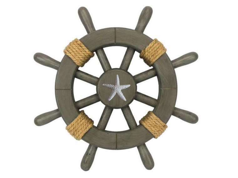 Antique Decorative Ship Wheel With Starfish 12" Rustic-Grey-SW-12-Starfish