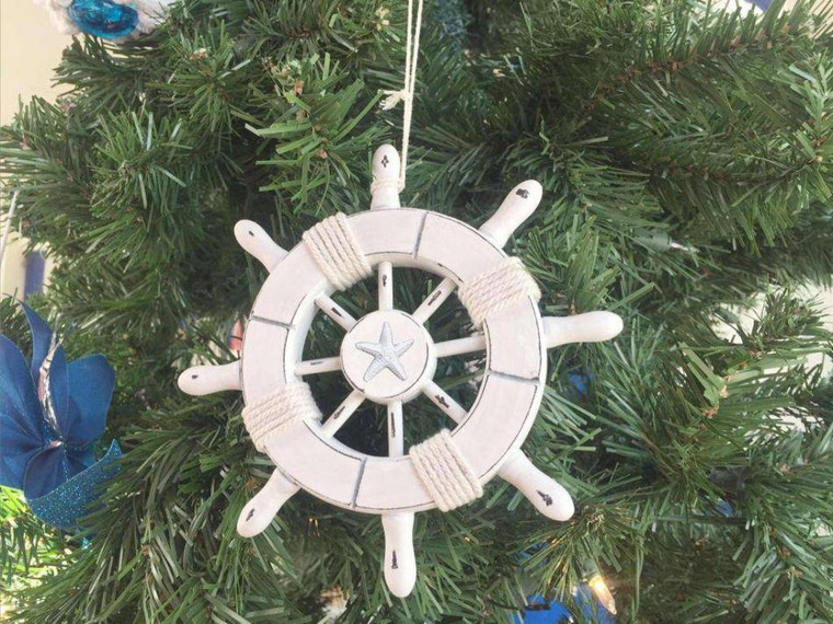 Rustic White Decorative Ship Wheel With Starfish Christmas Tree Ornament 6" SW-6-102-starfish-x