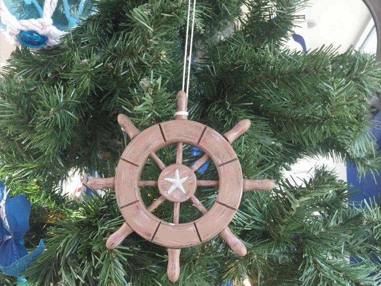 Rustic Wood Finish Decorative Ship Wheel With Starfish Christmas Tree Ornament 6" SW-6-107-starfish-x