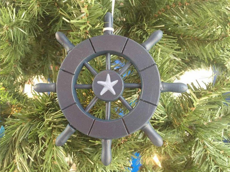 Dark Blue Decorative Ship Wheel With Starfish Christmas Tree Ornament 6" SW-6-104-starfish-x