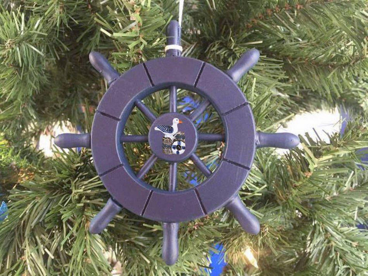 Dark Blue Decorative Ship Wheel With Seagull Christmas Tree Ornament 6" SW-6-104-Seagull-X