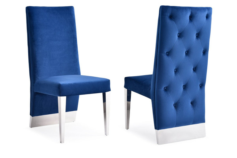 VIG Furniture VGVCB1819-BLU Modrest Kilson Modern Blue Velvet & Stainless Steel Dining Chair (Set Of 2)
