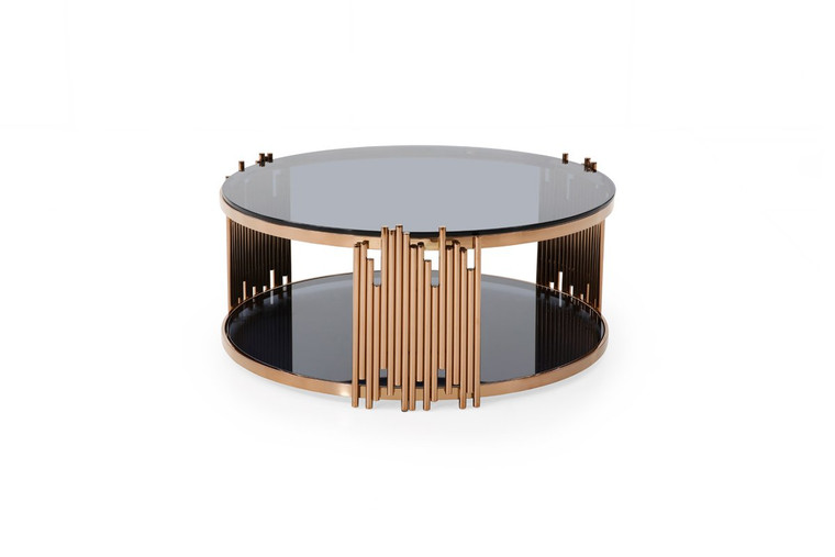 VIG Furniture VGVCCT8970 Modrest Bryce Modern Smoked Glass & Rosegold Round Coffee Table