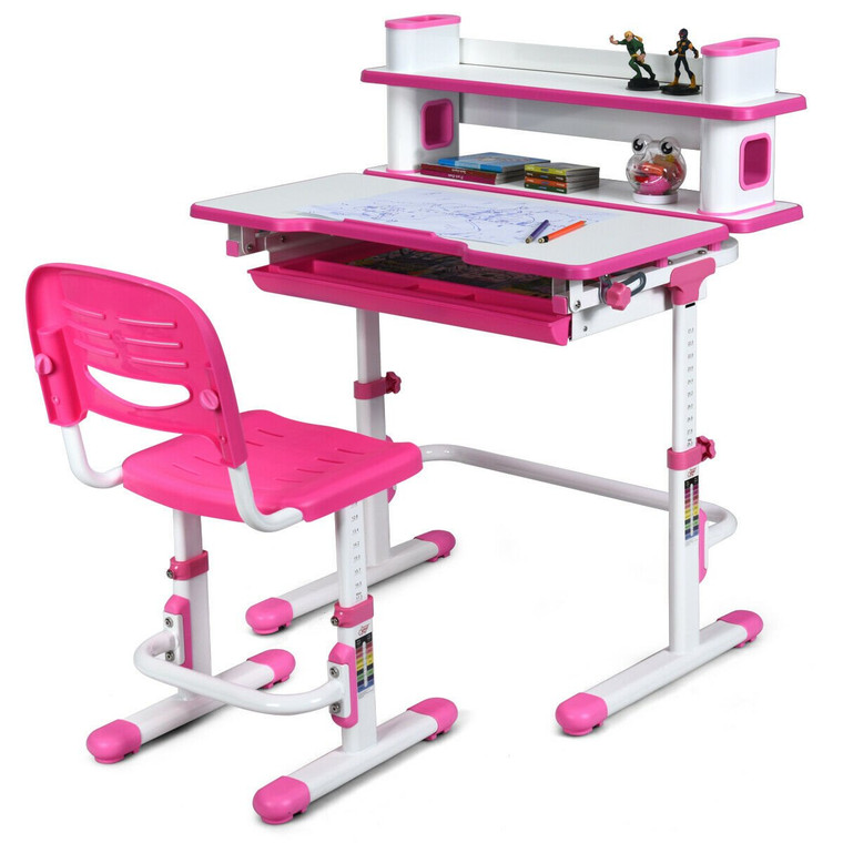 Adjustable Kids Desk And Chair Set With Bookshelf And Tilted Desktop-Pink HW63291PI