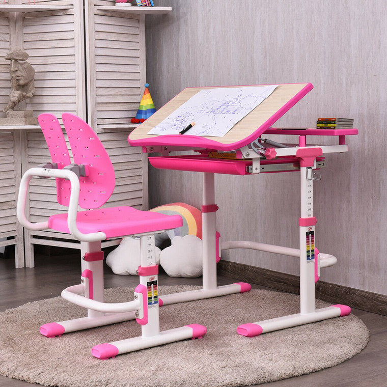 Height Adjustable Kids Study Desk And Chair Set-Pink HW63294PI