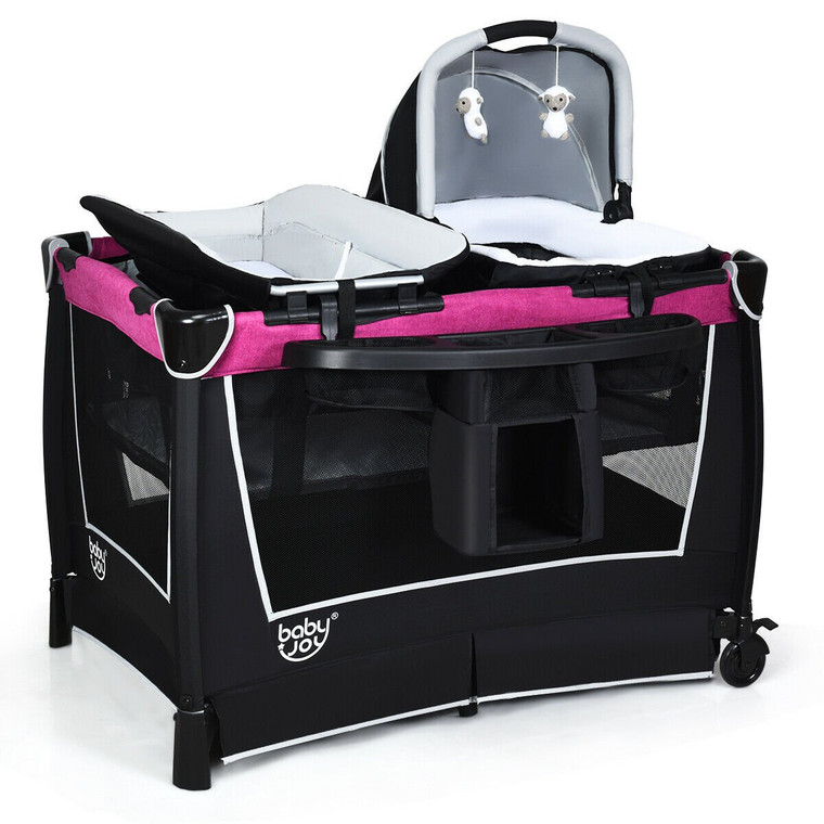 4 In 1 Convertible Portable Baby Playard W/ Toys & Music Center-Rose BB0480RO