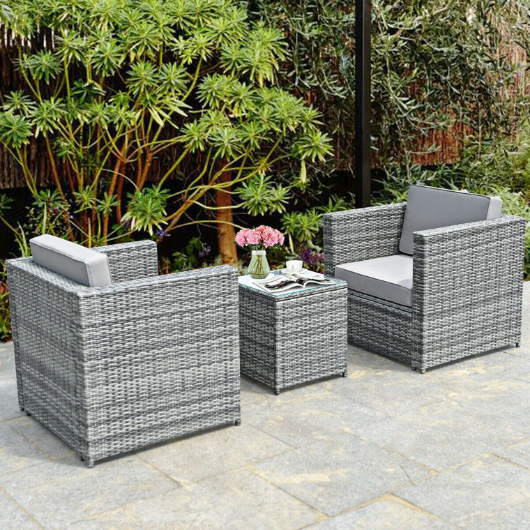 3 Piece Patio Garden Rattan Furniture Sofa Cushioned Coffee Table Set HW62883+