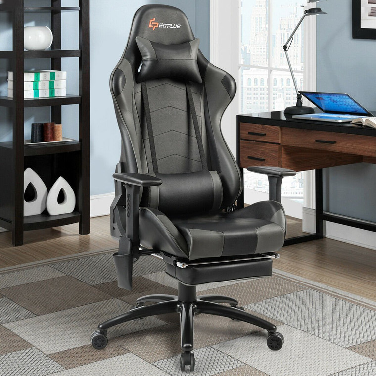 Ergonomic High Back Pu Leather Massage Gaming Chair-Gray HW63283GR