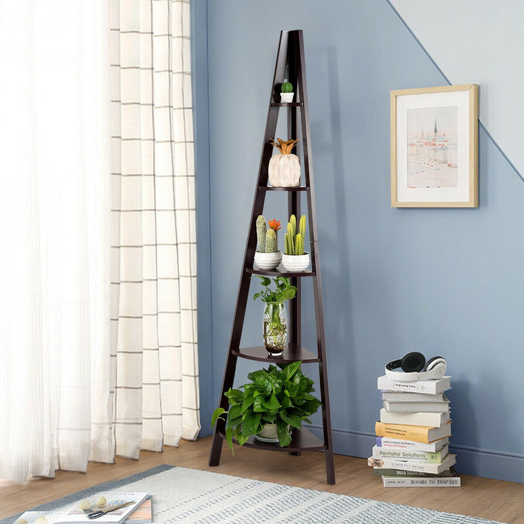 5 Tier Floor Corner Stand Ladder Shelves Bookshelf-Brown HW60327CF