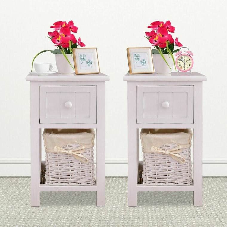 Set Of 2 Mini Night Stand 2 Layer 1 Drawer End Table Organizer Wood HW53787-2