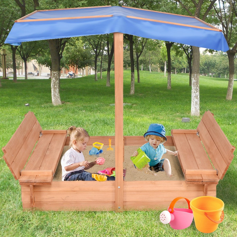 Children Outdoor Retractable Sandbox With Canopy Bench Seat OP3220