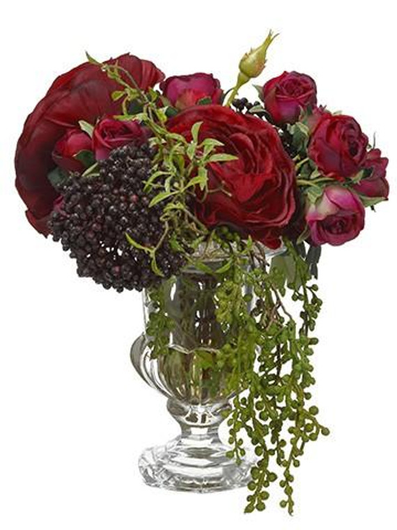 11"H X 8"W X 13"L Rose/Ranunculus In Glass Vase Burgundy WF9148-BU/GR