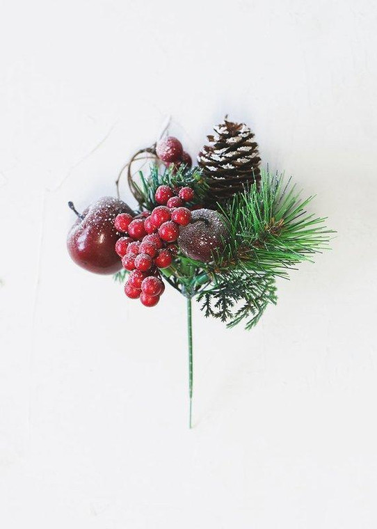 Fake Red Berry, Pine Cone And Apple Snowed Holiday Pick - 6.5" Tall SLK-ZKP462-RE/BR By Afloral