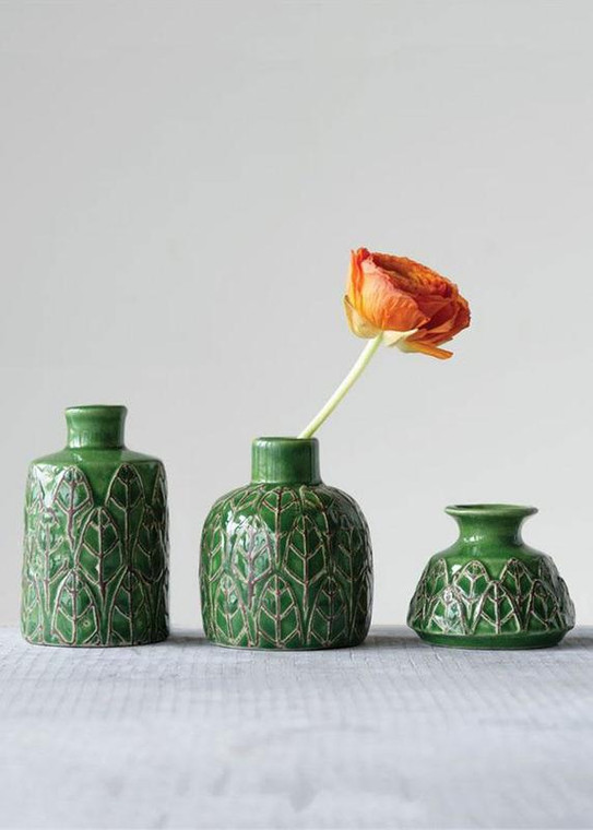 Set Of 3 - Botanical Embossed Ceramic Stoneware Vases CRT-DF0274 By Afloral