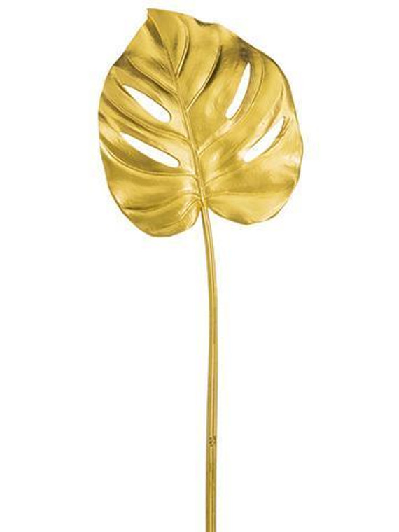 Fake Monstera Palm Leaf In Metallic Gold - 31" Tall SLK-XFS038-GO By Afloral