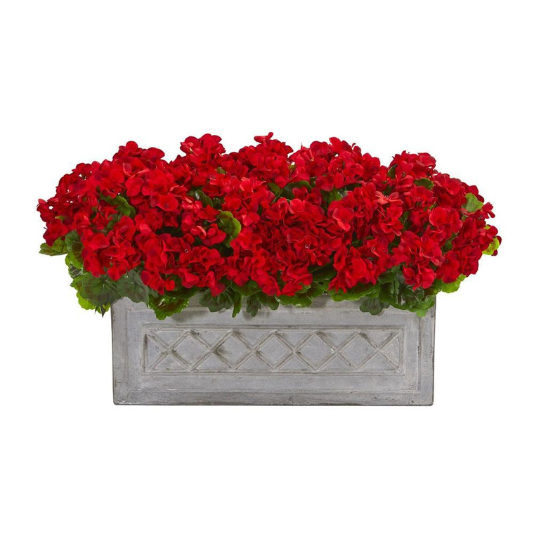 Nearly Natural 18" Geranium Artificial Plant In Stone Planter Uv Resistant (Indoor/Outdoor) 8061-RD