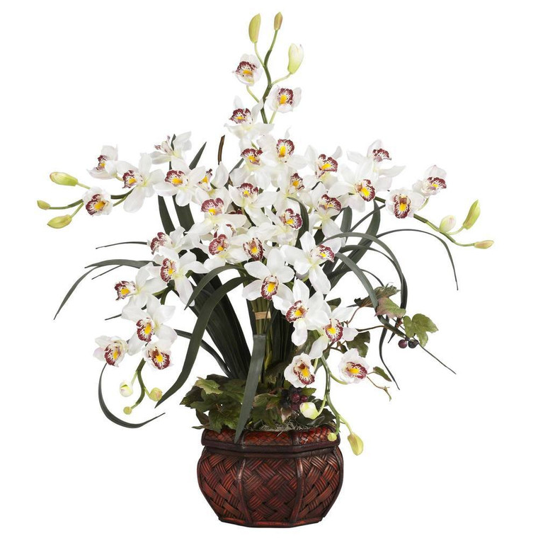 Nearly Natural Cymbidium W/Decorative Vase Silk Arrangement 1245-WH