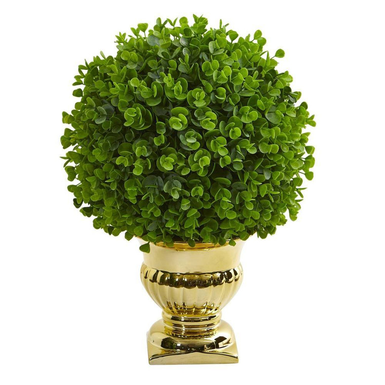 Nearly Natural Eucalyptus Artificial Ball Topiary In Gold Urn 9081