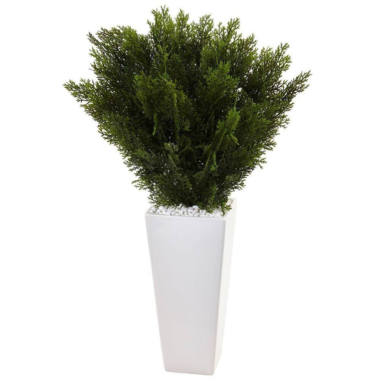 Nearly Natural Cedar In White Tower Planter 6997