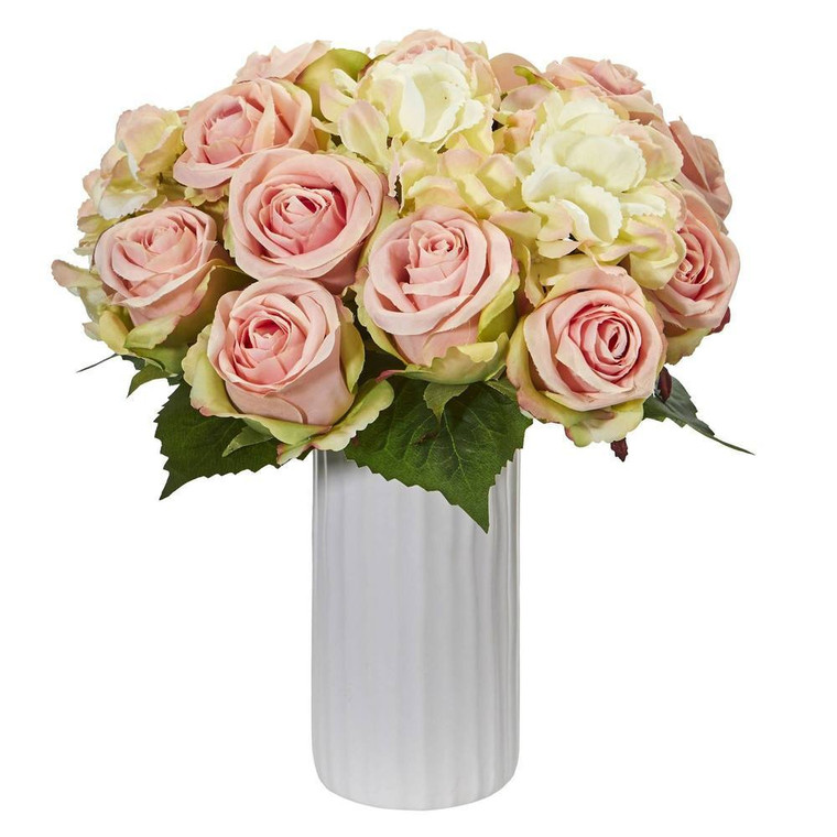 Nearly Natural Rose And Hydrangea Artificial Arrangement In White Vase 1851