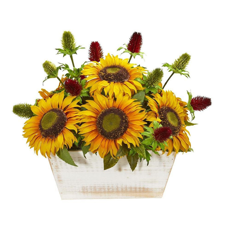 Nearly Natural Sunflower And Thistle Artificial Arrangement In White Wash Planter 1829