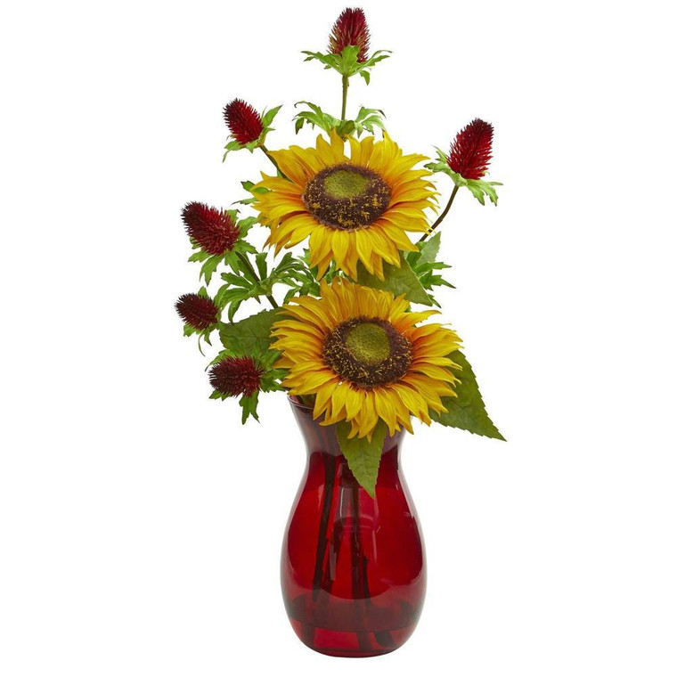 Nearly Natural Sunflower And Thistle Artificial Arrangement In Red Vase 1797