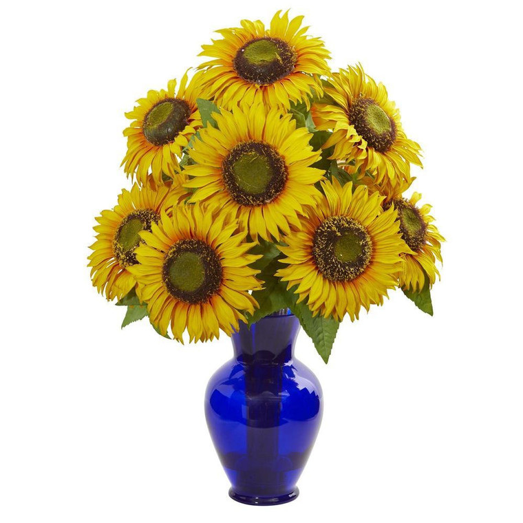 Nearly Natural Sunflower Artificial Arrangement In Blue Garden Vase 1786