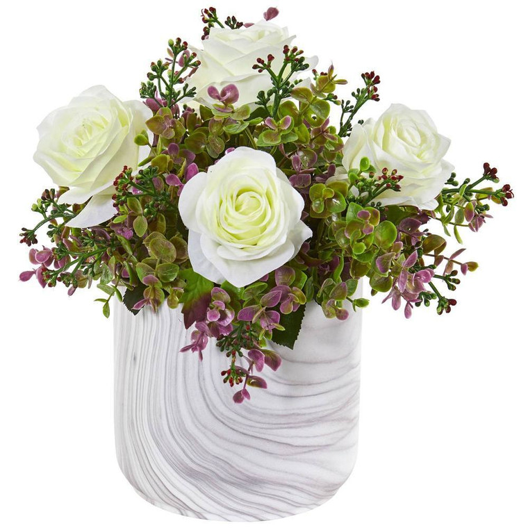 Nearly Natural 13" Roses & Eucalyptus Artificial Arrangement In Marble Finished Vase 1756-WH