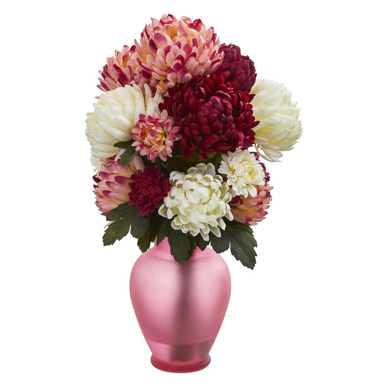 Nearly Natural Mum Artificial Arrangement In Rose Colored Vase 1632-AS
