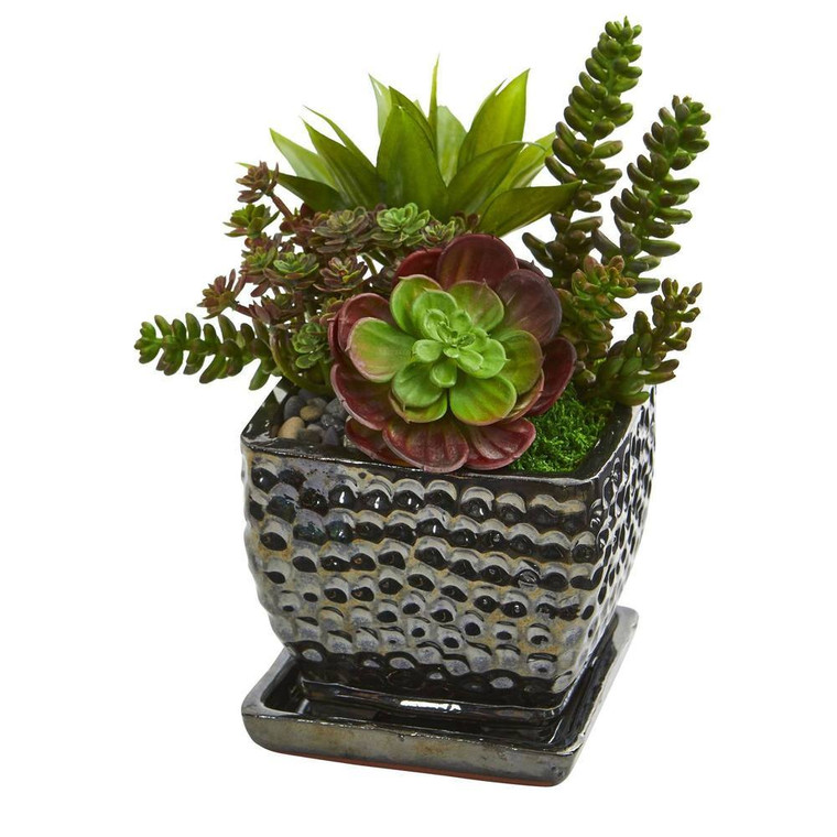 Nearly Natural Succulent Garden Artificial Plant In Black Planter 8248