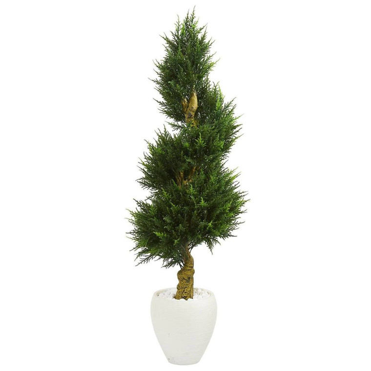 Nearly Natural 5' Cypress Spiral Artificial Tree In White Oval Planter Uv Resistant (Indoor/Outdoor) 5760