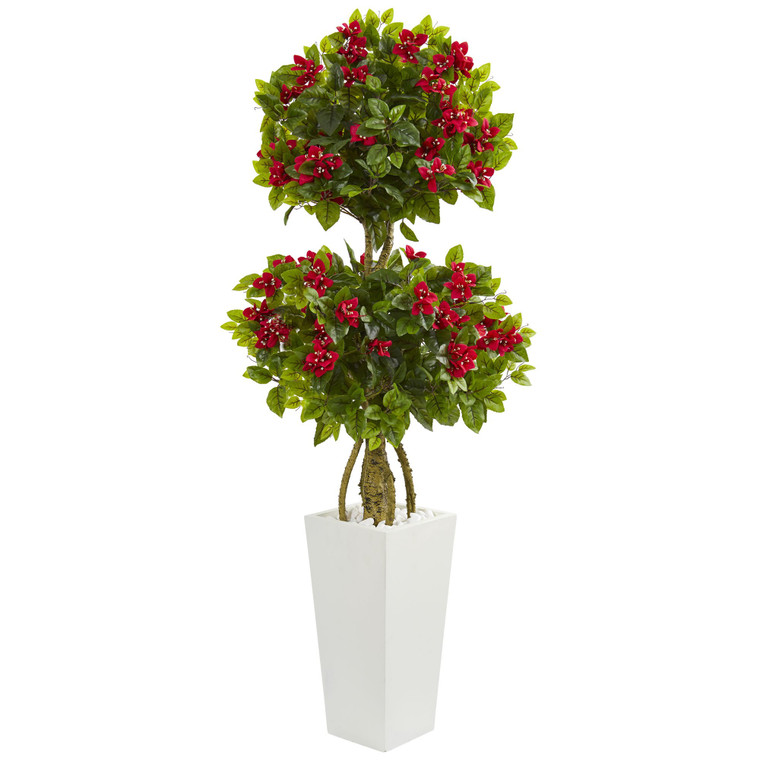 Nearly Natural 5' Double Bougainvillea Artificial Tree In White Tower Planter 5744