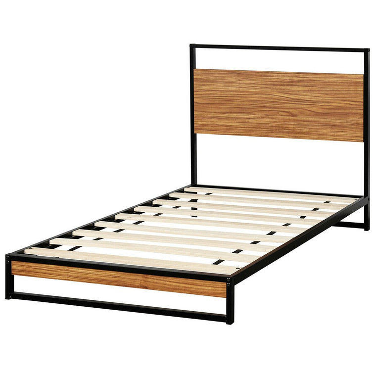 Twin Size Metal Frame Bed Platform Wooden Slat Support With Headboard HW63545