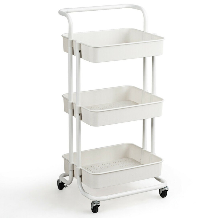 3-Tier Utility Cart Storage Rolling Cart With Casters-White HW70189WH