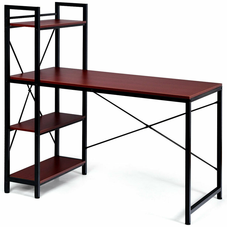 47.5" Writing Study Computer Desk With 4-Tier Shelves-Coffee HW62863CF