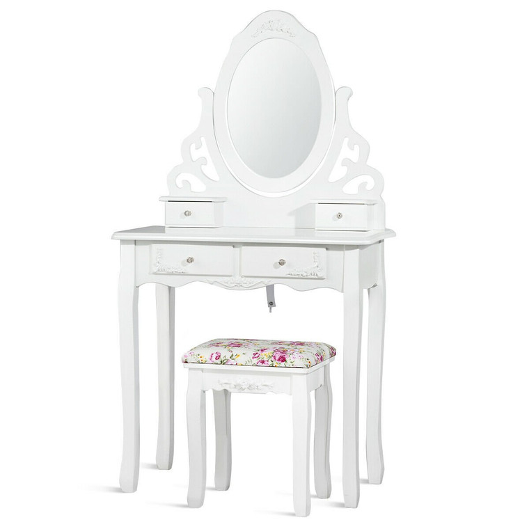 4 Drawers Vanity Wood Makeup Dressing Table Set With Mirror-White HW55562WH