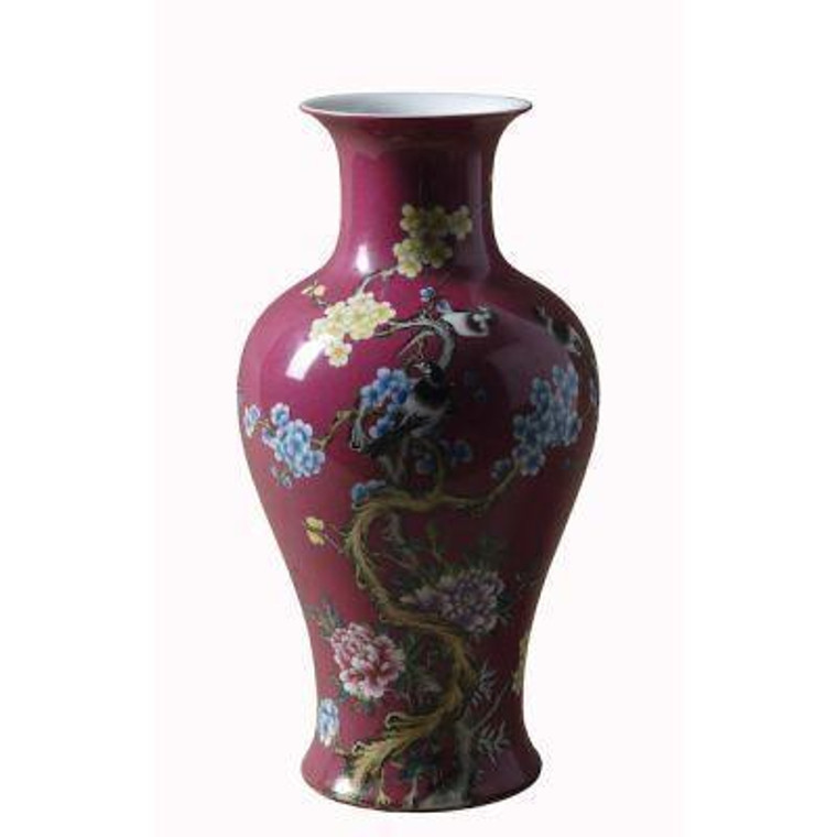 Cherry Red Glazed Fish-Tail Vase W/ Magpie Motif 1642-OLD By Legend Of Asia