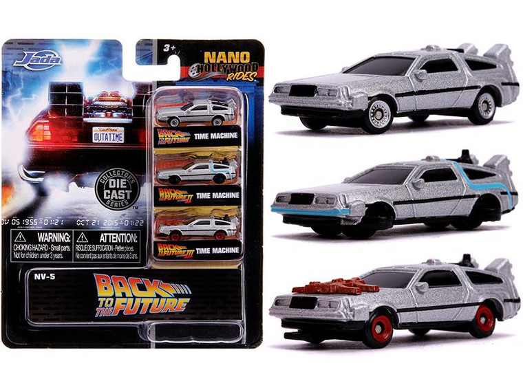 "Back To The Future" Time Machine 3 Piece Set " Nano Hollywood Rides" Diecast Model Cars By Jada" (Pack Of 3) 31583
