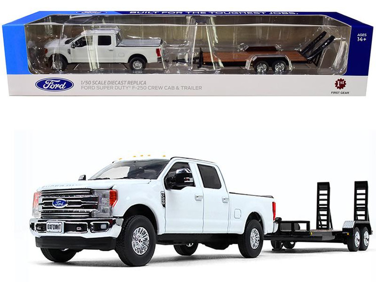 Ford F-250 Crew Cab Super Duty Pickup Truck White With Tandem-Axle Tag Trailer Black 1/50 Diecast Model Car By First Gear 50-3418