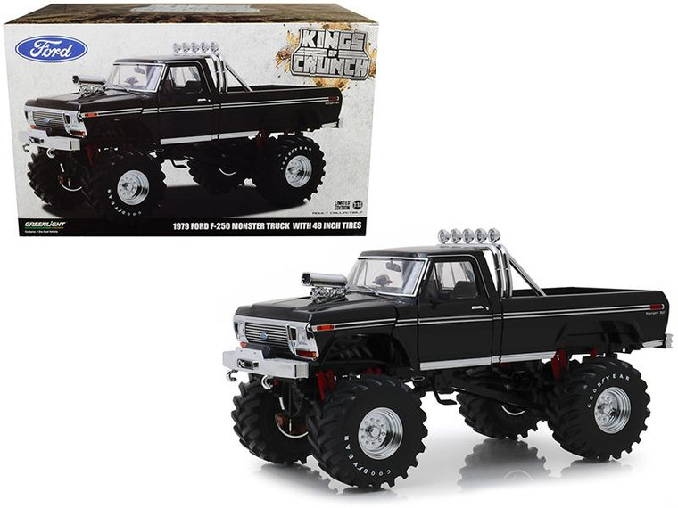 1979 Ford F-250 Ranger Xlt Monster Truck Black With 48-Inch Tires "Kings Of Crunch" 1/18 Diecast Model Car By Greenlight" 13538
