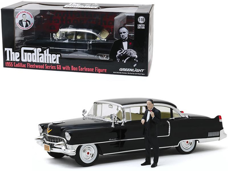 1955 Cadillac Fleetwood Series 60 Black With Don Corleone Figure "The Godfather" (1972) Movie 1/18 Diecast Model Car By Greenlight" 13531